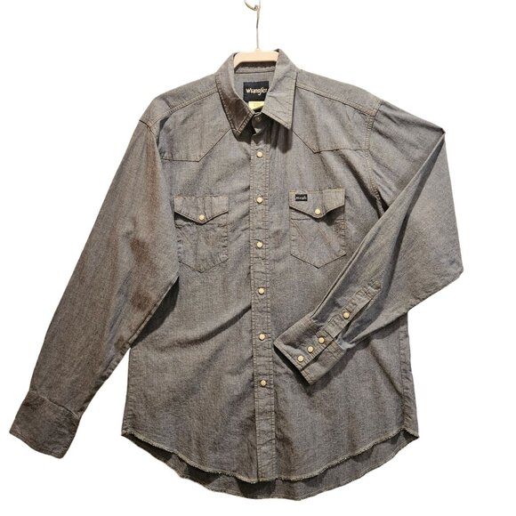 Wrangler Pearl Snap Denim Shirt 16.5x36 Brush Popper Blue Button Rodeo Ranch - Picture 1 of 10